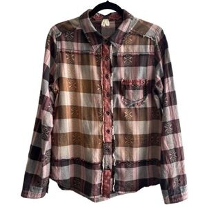 Free People We The Free Distressed Patchwork Plaid Button Down Shirt Boho Pink